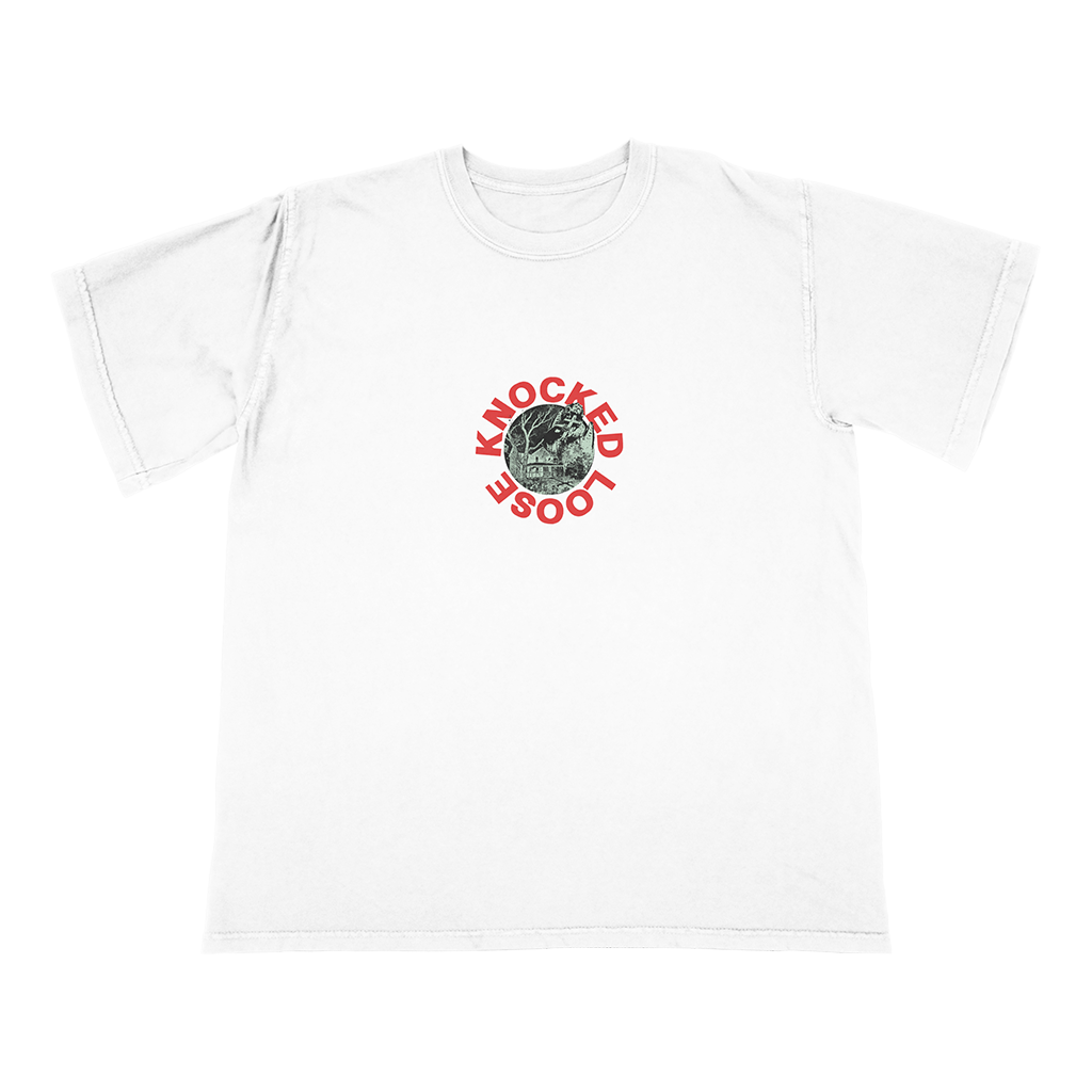 Knocked Loose's "Collecting Petals" design, printed on the front and back of a white American Apparel/Alstyle tee.