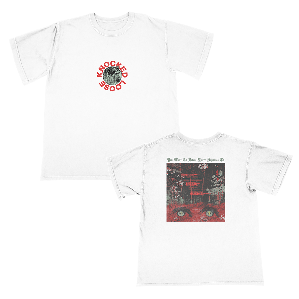 Knocked Loose's "Collecting Petals" design, printed on the front and back of a white American Apparel/Alstyle tee.