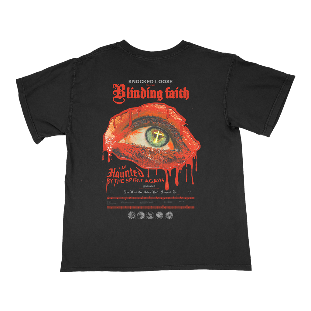 Knocked Loose's "Cross Eye" design, printed on the front and back of a black Carhartt workwear pocket short sleeve tee.