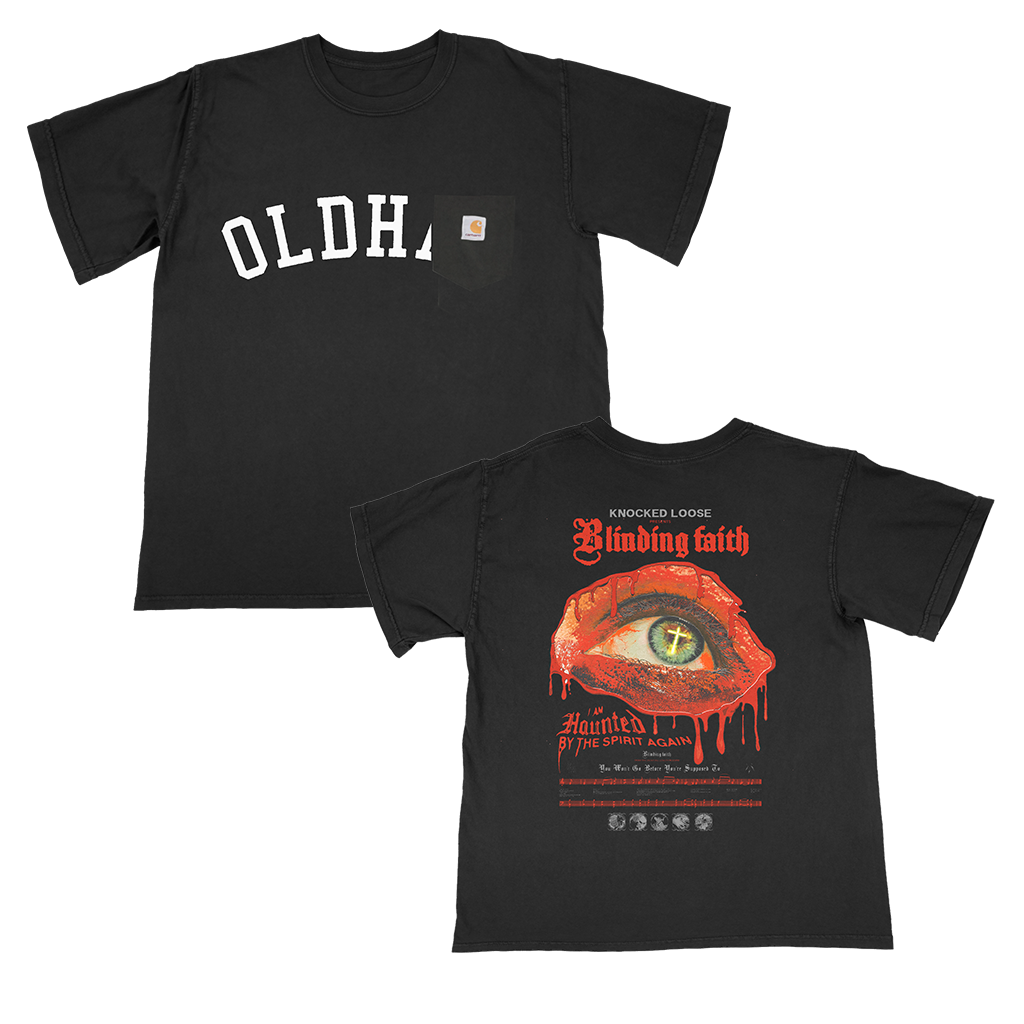 Knocked Loose's "Cross Eye" design, printed on the front and back of a black Carhartt workwear pocket short sleeve tee.