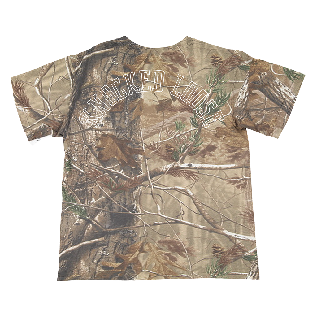 Knocked Loose's "Cross Overlay KLMF" design, printed on the front and upper back of a Real Tree Camo Tee.