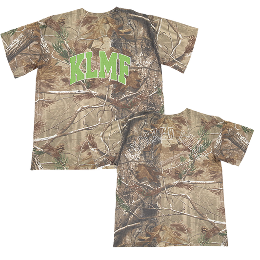 Knocked Loose's "Cross Overlay KLMF" design, printed on the front and upper back of a Real Tree Camo Tee.