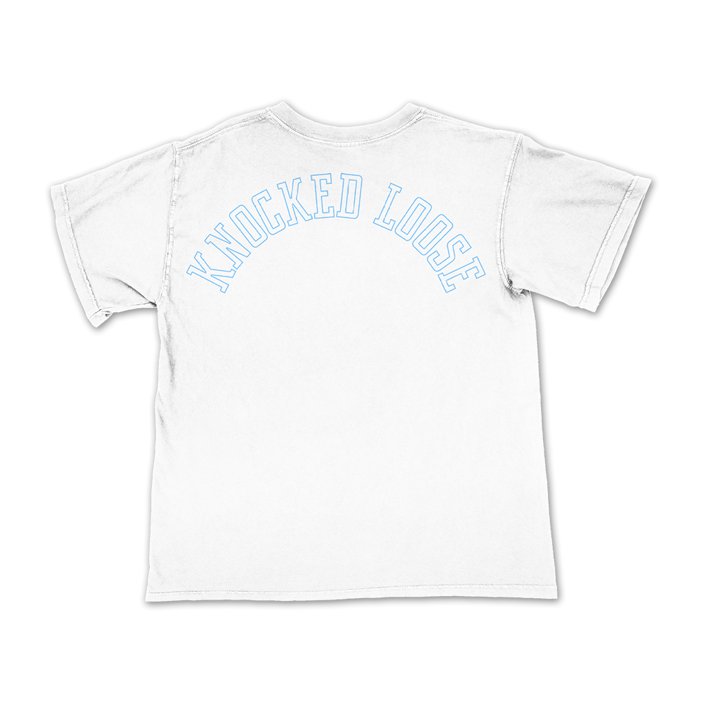 Knocked Loose's "Cross Overlay KLMF" design, printed on the front and back of a white color Comfort Colors tee.