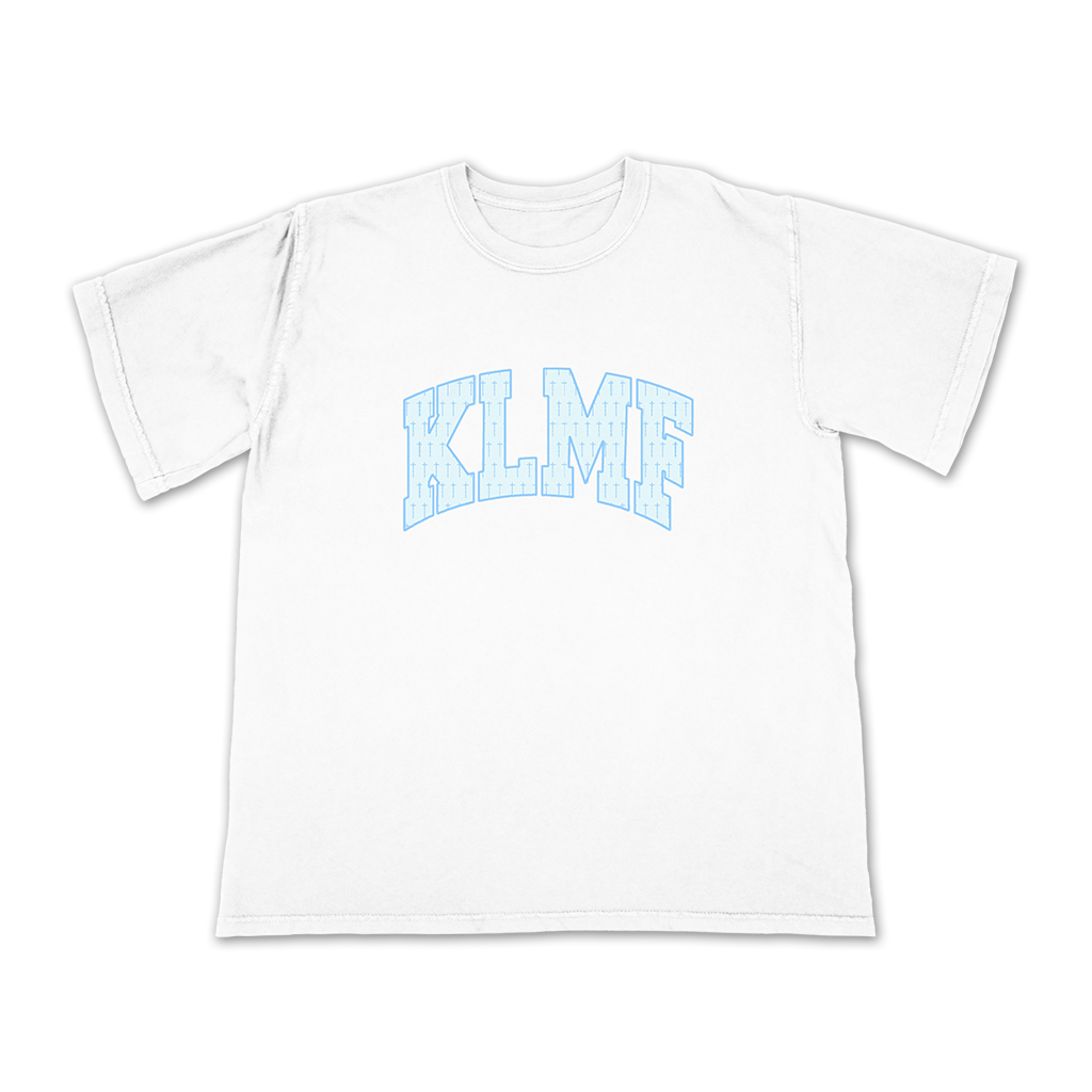 Knocked Loose's "Cross Overlay KLMF" design, printed on the front and back of a white color Comfort Colors tee.