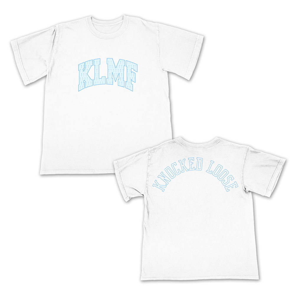 Knocked Loose's "Cross Overlay KLMF" design, printed on the front and back of a white color Comfort Colors tee.