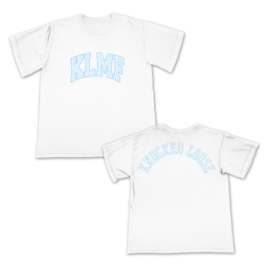 Knocked Loose's "Cross Overlay KLMF" design, printed on the front and back of a white color Comfort Colors tee.