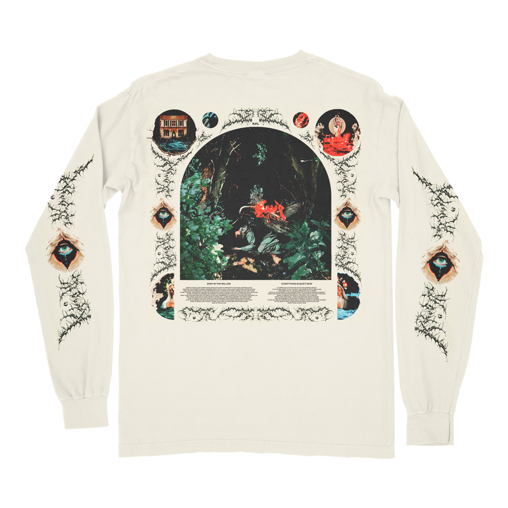 Knocked Loose's "Deep In The Willow" design, printed on the front, back, and both sleeves of an ivory Comfort Colors long sleeve shirt.