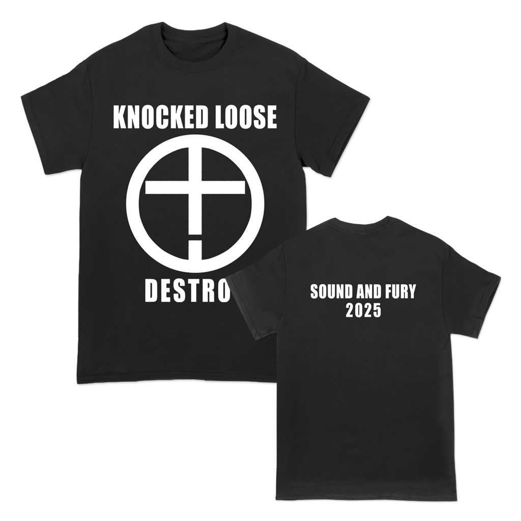 Knocked Loose's "Destroy" design, printed on the front and back of a black American Apparel/Alstyle tee.