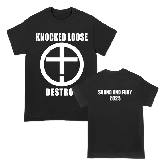 Knocked Loose's "Destroy" design, printed on the front and back of a black American Apparel/Alstyle tee.