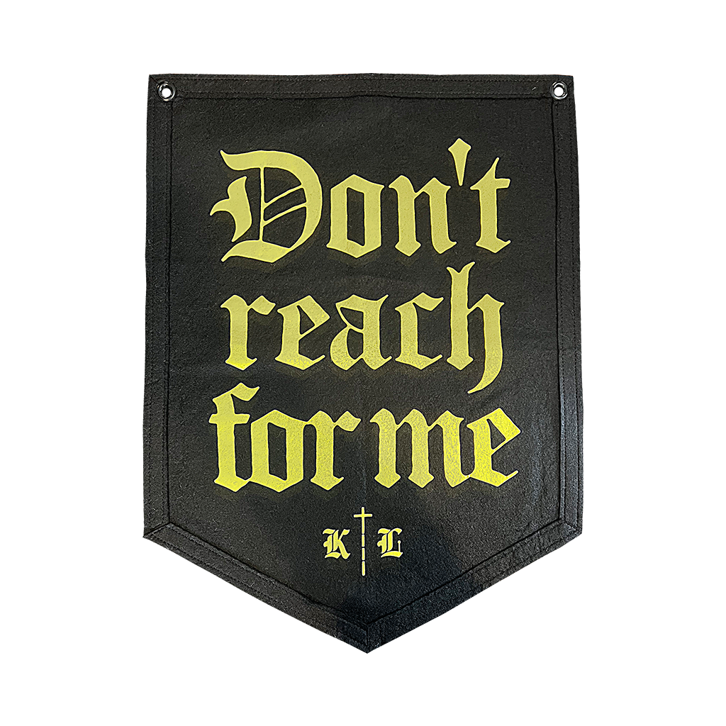 Knocked Loose's "Don't Reach For Me" design, custom printed on the front of a 18" X 24" black 5 sided hanging camp flag.