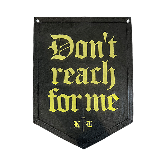 Knocked Loose's "Don't Reach For Me" design, custom printed on the front of a 18" X 24" black 5 sided hanging camp flag.