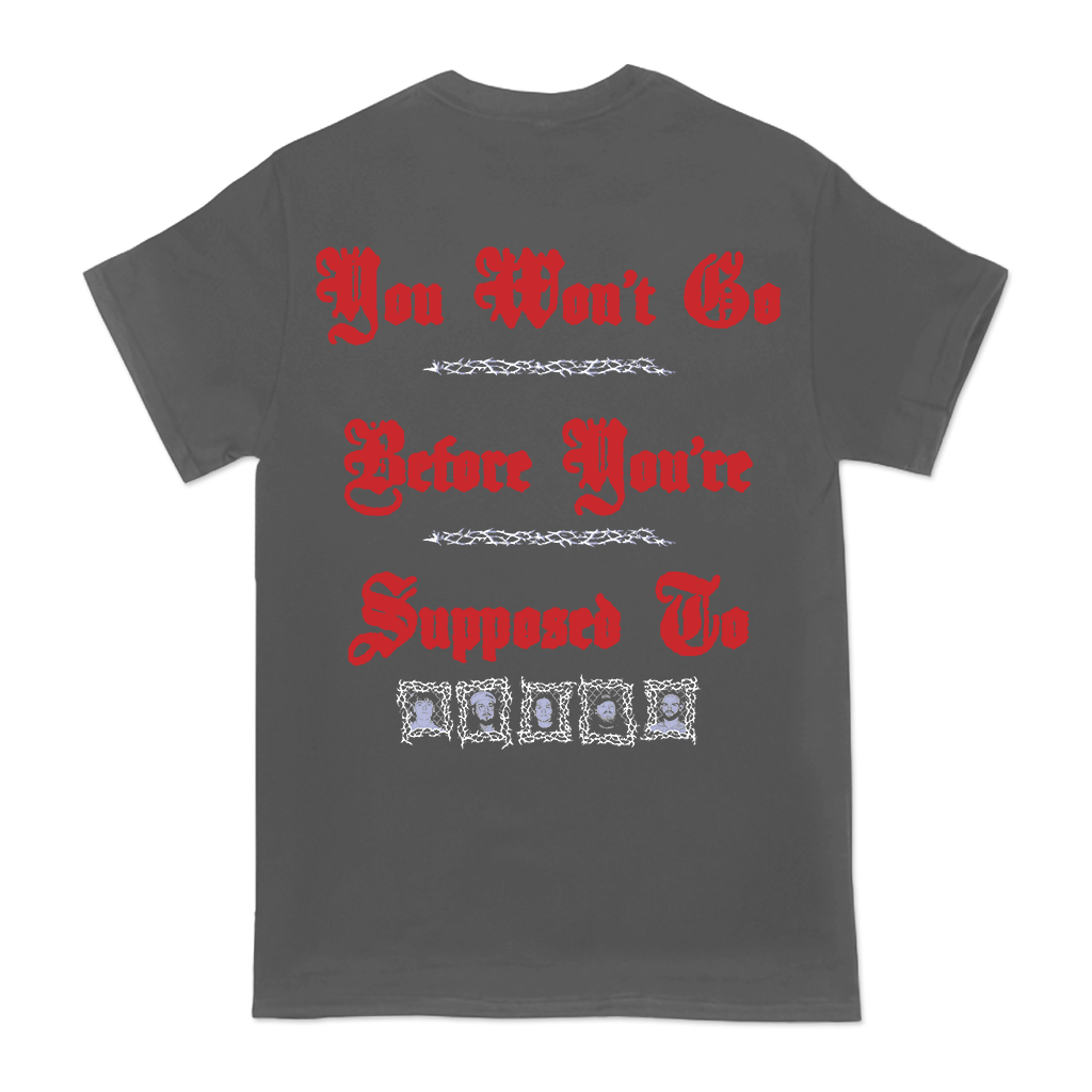 Knocked Loose's "Girl Knife Suffocate" design, printed on the front and back of a pepper Comfort Colors tee.