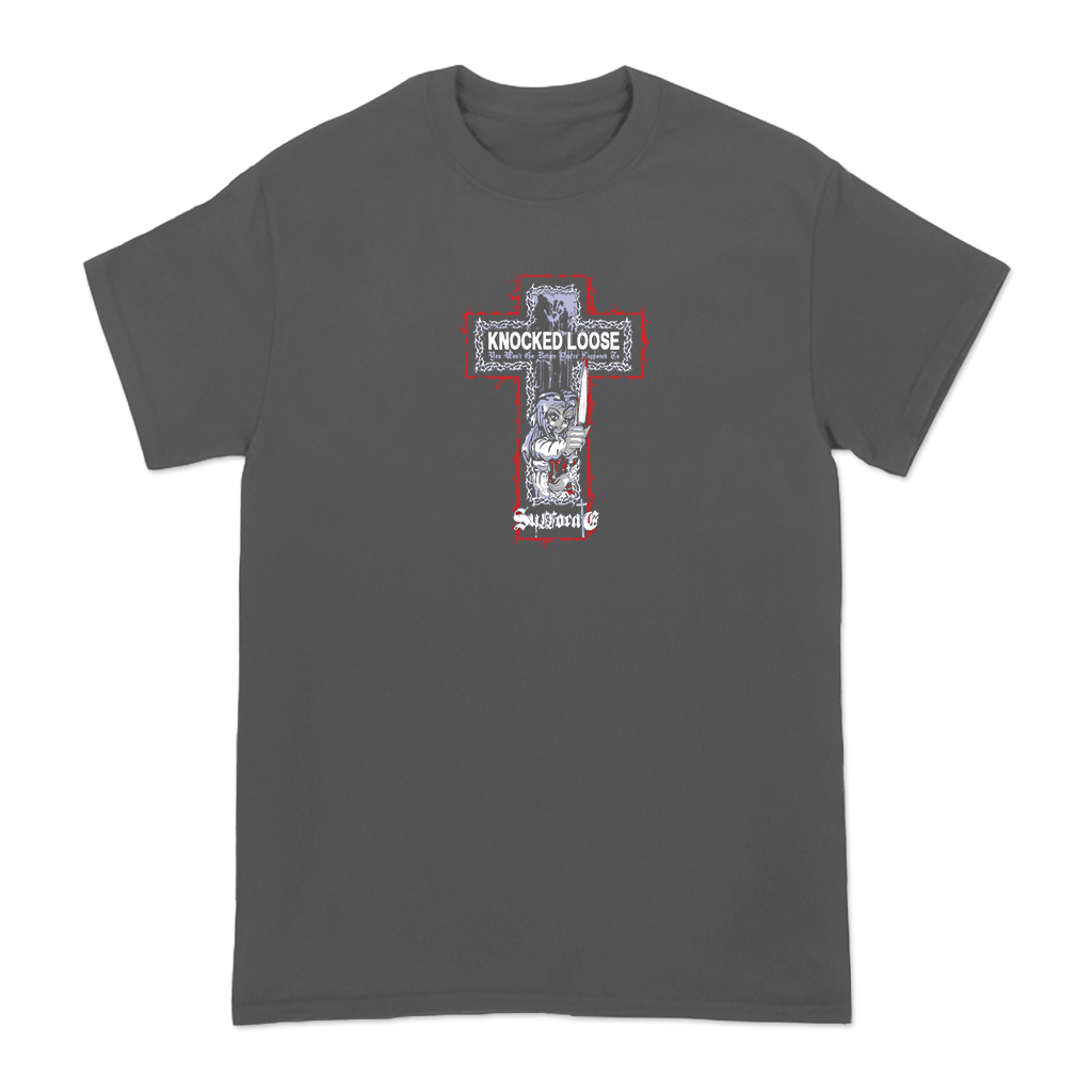 Knocked Loose's "Girl Knife Suffocate" design, printed on the front and back of a pepper Comfort Colors tee.