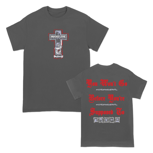 Knocked Loose's "Girl Knife Suffocate" design, printed on the front and back of a pepper Comfort Colors tee.