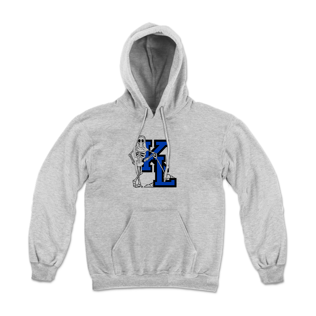 Knocked Loose's "Grave Digger" design with blue highlights, printed on the front of a silver grey Champion pullover hooded sweatshirt.  Hoodie features include: 9oz., 50/50 cotton/polyester, made with up to 5% recycled polyester from plastic bottles; durable coverstitching throughout; 2-ply hood; dyed-to-match drawcord; front pouch pocket; and “C” logo on left sleeve.