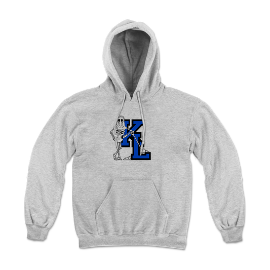 Knocked Loose's "Grave Digger" design with blue highlights, printed on the front of a silver grey Champion pullover hooded sweatshirt.  Hoodie features include: 9oz., 50/50 cotton/polyester, made with up to 5% recycled polyester from plastic bottles; durable coverstitching throughout; 2-ply hood; dyed-to-match drawcord; front pouch pocket; and “C” logo on left sleeve.