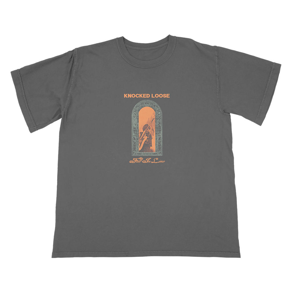 Knocked Loose's "I Am Haunted 2024 Tour Tee" design, printed on the front and back of a pepper Comfort Colors tee.