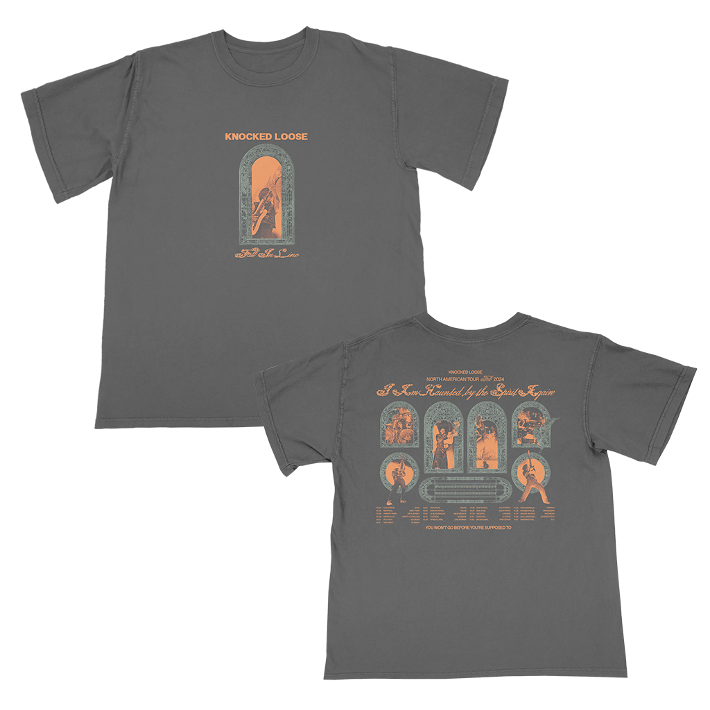 Knocked Loose's "I Am Haunted 2024 Tour Tee" design, printed on the front and back of a pepper Comfort Colors tee.