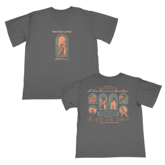 Knocked Loose's "I Am Haunted 2024 Tour Tee" design, printed on the front and back of a pepper Comfort Colors tee.