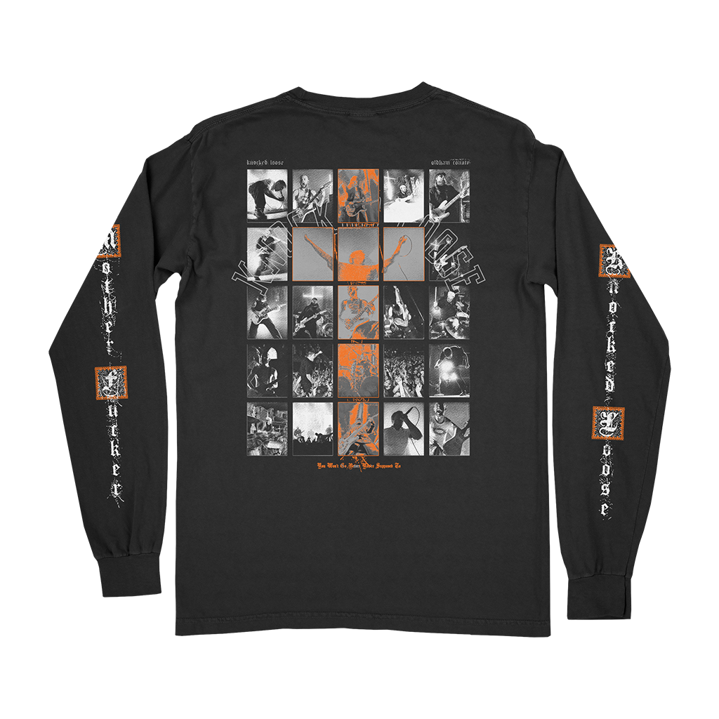 Knocked Loose's "Live Collage" design, printed on the front, back and both sleeves of a black Alstyle Apparel longsleeve.