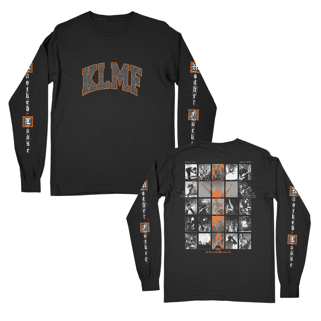 Knocked Loose's "Live Collage" design, printed on the front, back and both sleeves of a black Alstyle Apparel longsleeve.