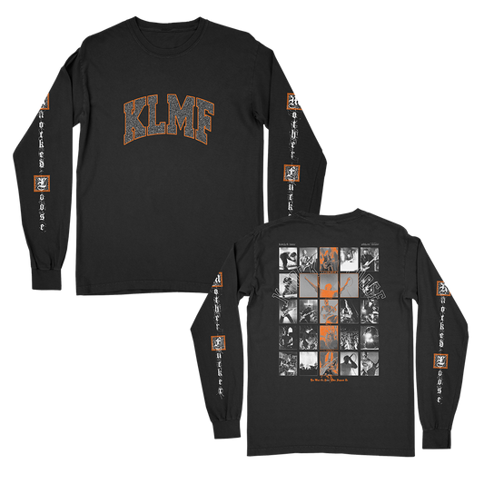 Knocked Loose's "Live Collage" design, printed on the front, back and both sleeves of a black Alstyle Apparel longsleeve.