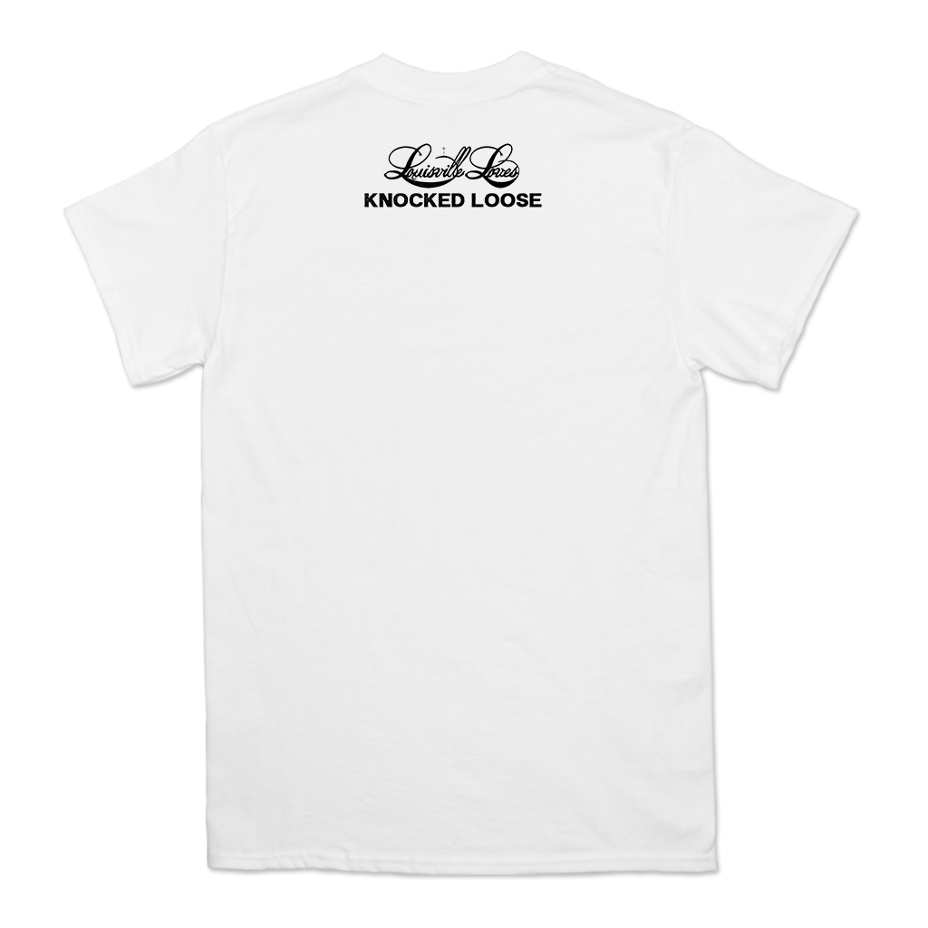 Knocked Loose's "I Heart KL" design, printed on the front and upper back of a white LA Apparel tee.