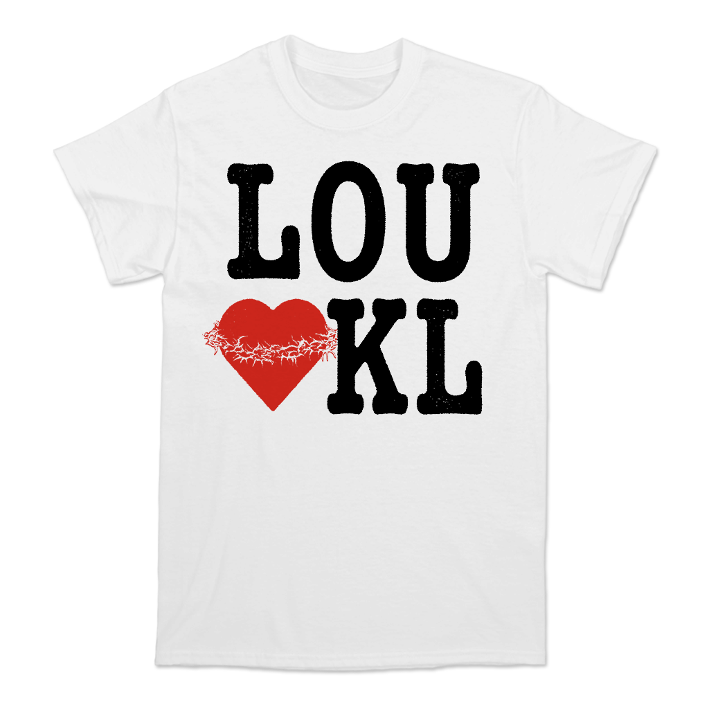 Knocked Loose's "I Heart KL" design, printed on the front and upper back of a white LA Apparel tee.