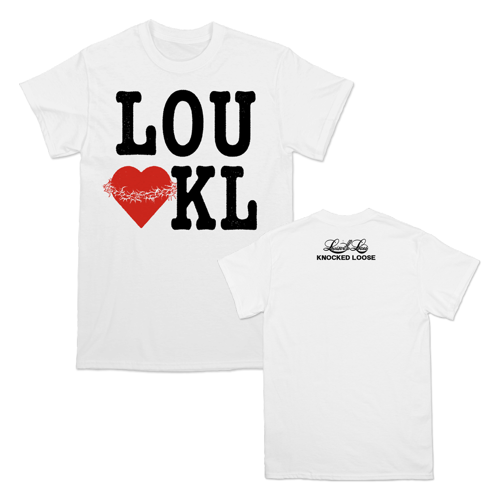 Knocked Loose's "I Heart KL" design, printed on the front and upper back of a white LA Apparel tee.