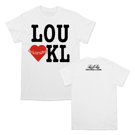 Knocked Loose's "I Heart KL" design, printed on the front and upper back of a white LA Apparel tee.
