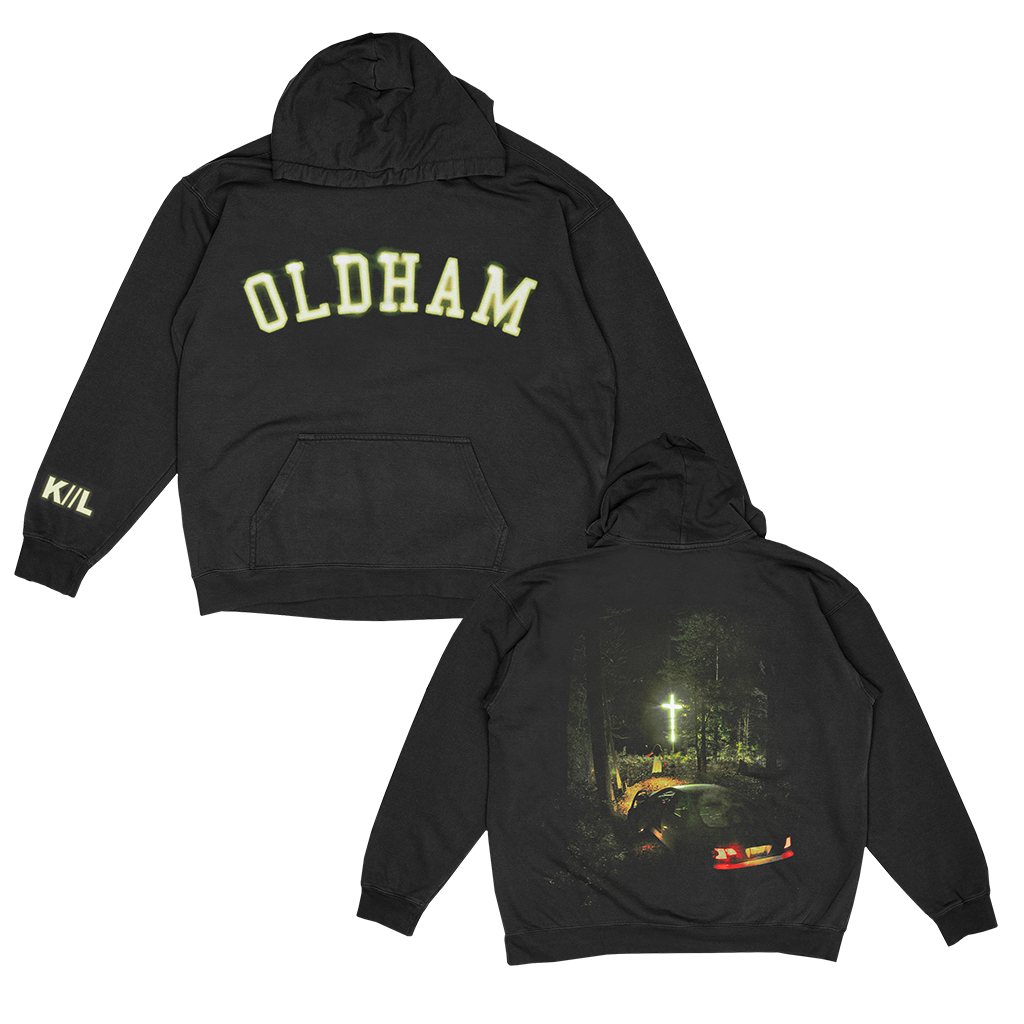 Knocked Loose's "Oldham Lights" design, printed on the front, back and both lower sleeves of a black Champion brand pullover hooded sweatshirt.