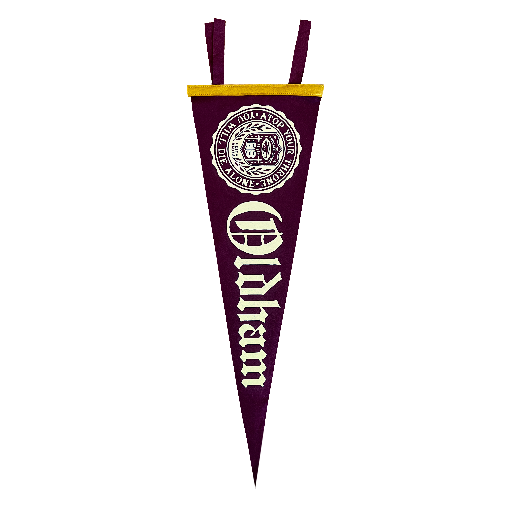 Knocked Loose's "Oldham" design, custom printed on the front of a 9" X 27" maroon pennant flag.