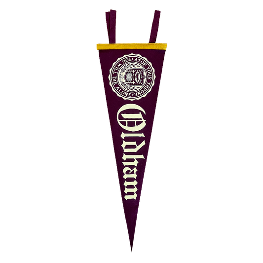 Knocked Loose's "Oldham" design, custom printed on the front of a 9" X 27" maroon pennant flag.