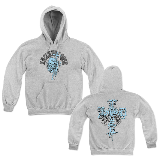Knocked Loose's "OTAK" design, printed on the front and back of an ash Champion brand pullover hooded sweatshirt.
