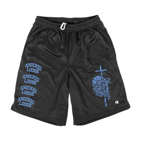 Knocked Loose's "OTAK" design, printed on a pair of black Champion Apparel shorts.