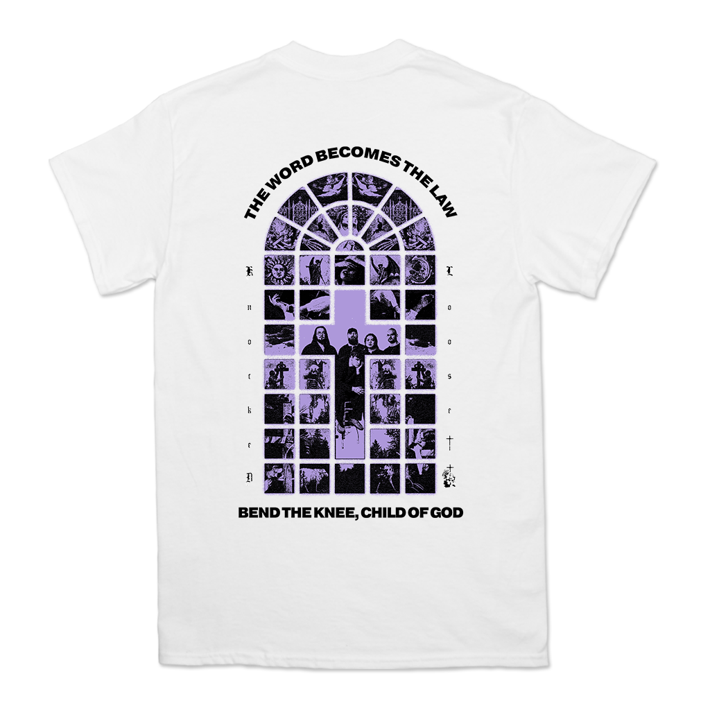 Knocked Loose's "Purple Cross" design, printed on the front and back of a white color Comfort Colors tee.