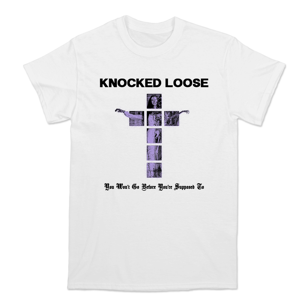 Knocked Loose's "Purple Cross" design, printed on the front and back of a white color Comfort Colors tee.