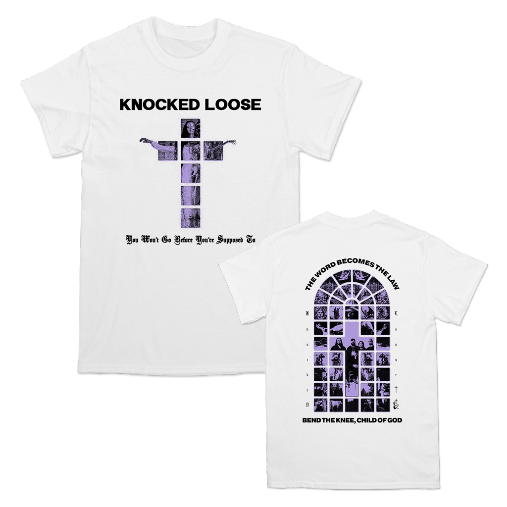 Knocked Loose's "Purple Cross" design, printed on the front and back of a white color Comfort Colors tee.