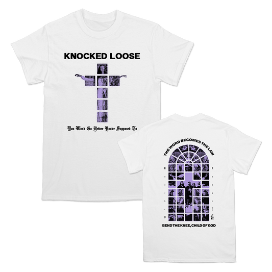 Knocked Loose's "Purple Cross" design, printed on the front and back of a white color Comfort Colors tee.