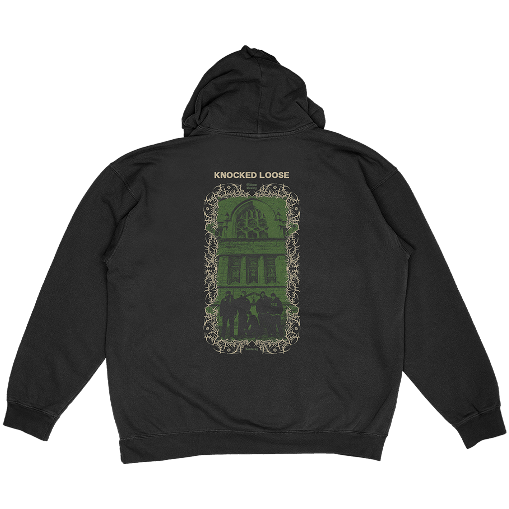 Knocked Loose's "Oldham Real Tree" design, printed on the front, back and lower sleeve of a black Champion brand pullover hooded sweatshirt.