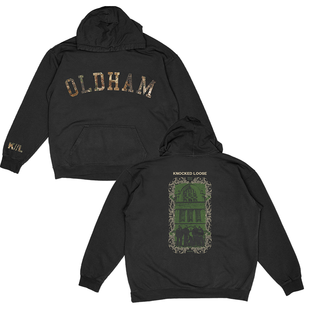 Knocked Loose's "Oldham Real Tree" design, printed on the front, back and lower sleeve of a black Champion brand pullover hooded sweatshirt.