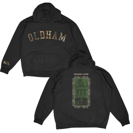 Knocked Loose's "Oldham Real Tree" design, printed on the front, back and lower sleeve of a black Champion brand pullover hooded sweatshirt.