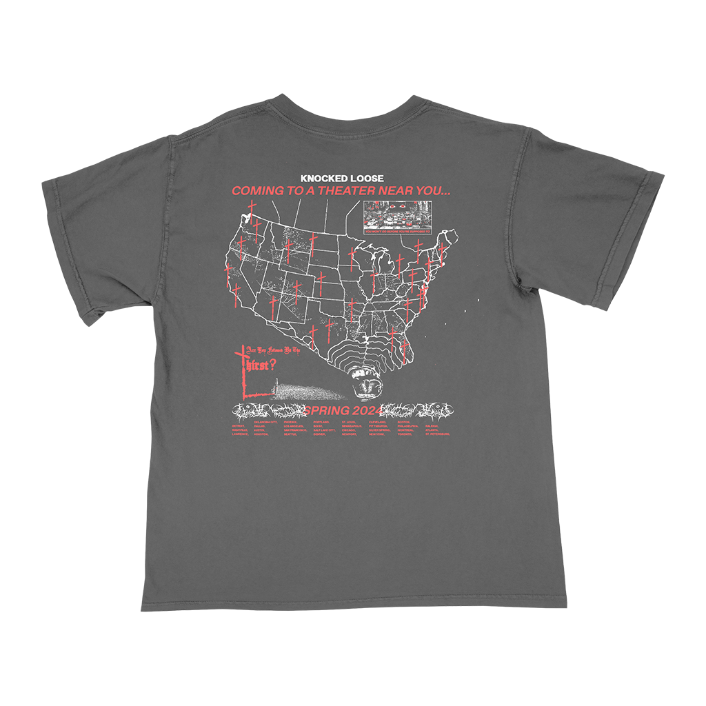 Knocked Loose's "Spring 2024 Tour" design, printed on the front and back of a pepper color Comfort Colors tee.