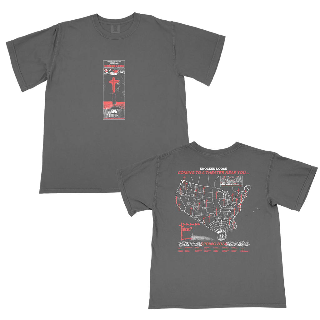 Knocked Loose's "Spring 2024 Tour" design, printed on the front and back of a pepper color Comfort Colors tee.