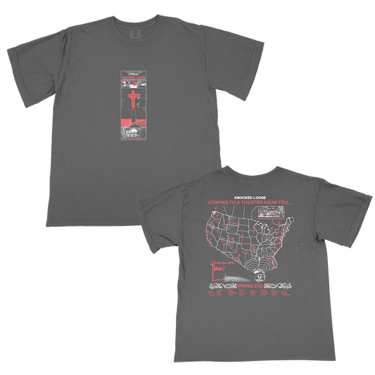 Knocked Loose's "Spring 2024 Tour" design, printed on the front and back of a pepper color Comfort Colors tee.