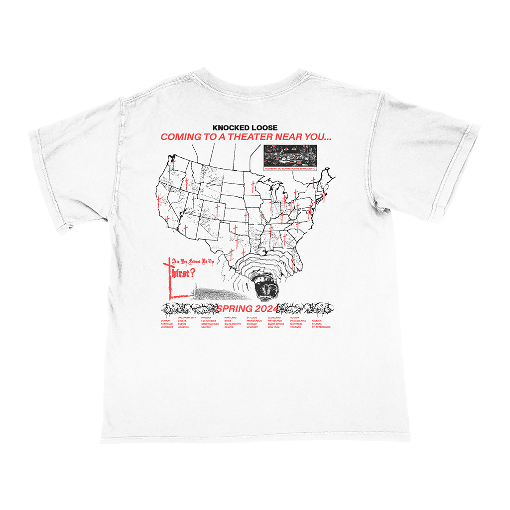 Knocked Loose's "Spring 2024 Tour" design, printed on the front and back of a white color Comfort Colors tee.