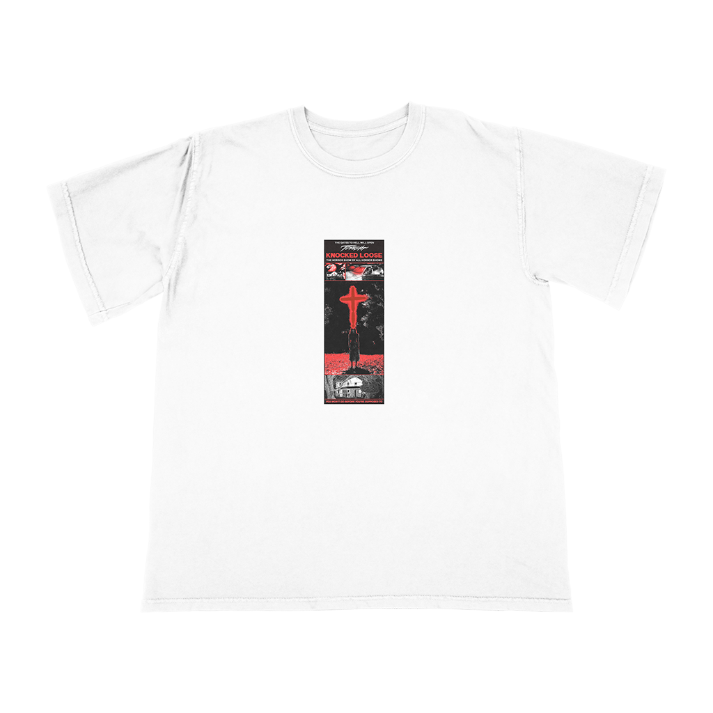 Knocked Loose's "Spring 2024 Tour" design, printed on the front and back of a white color Comfort Colors tee.