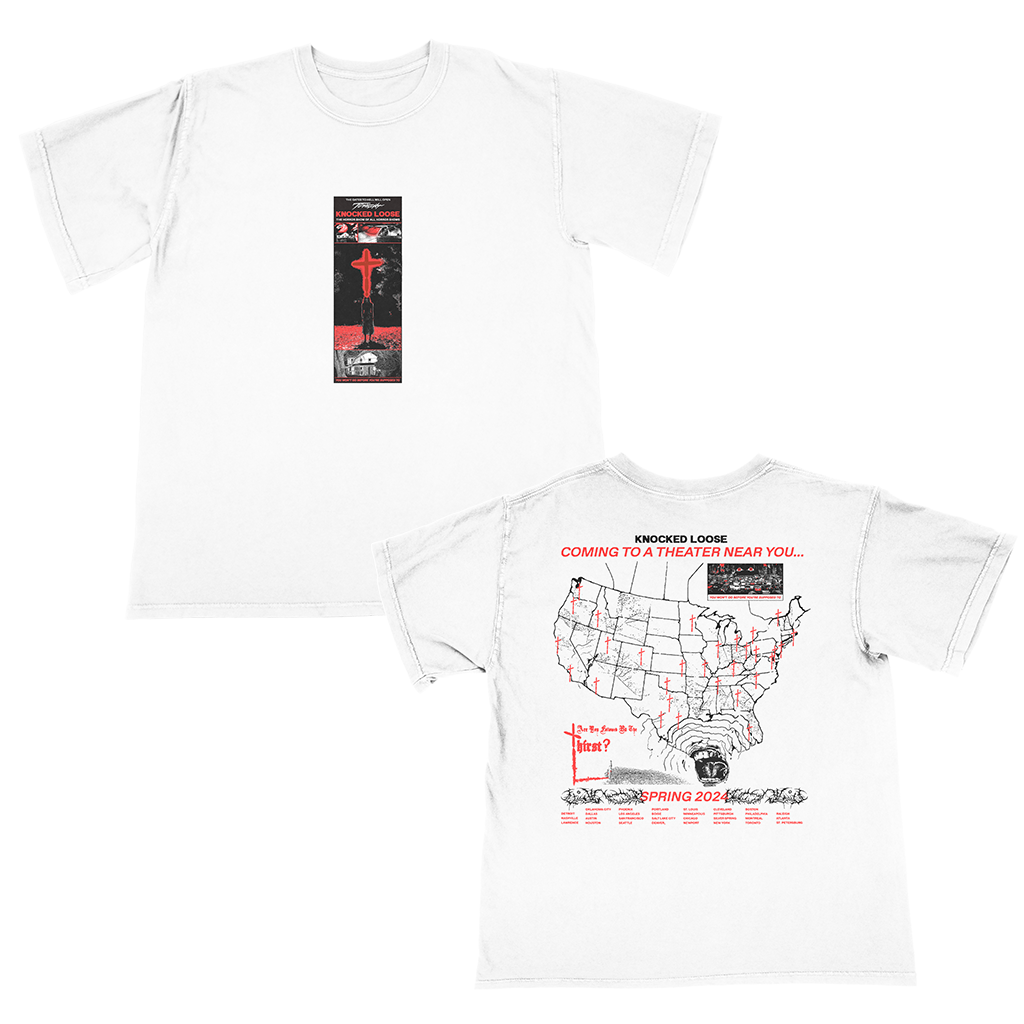 Knocked Loose's "Spring 2024 Tour" design, printed on the front and back of a white color Comfort Colors tee.