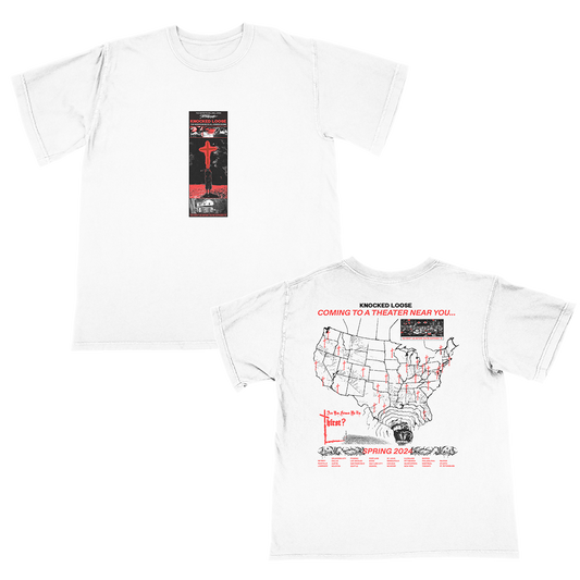 Knocked Loose's "Spring 2024 Tour" design, printed on the front and back of a white color Comfort Colors tee.