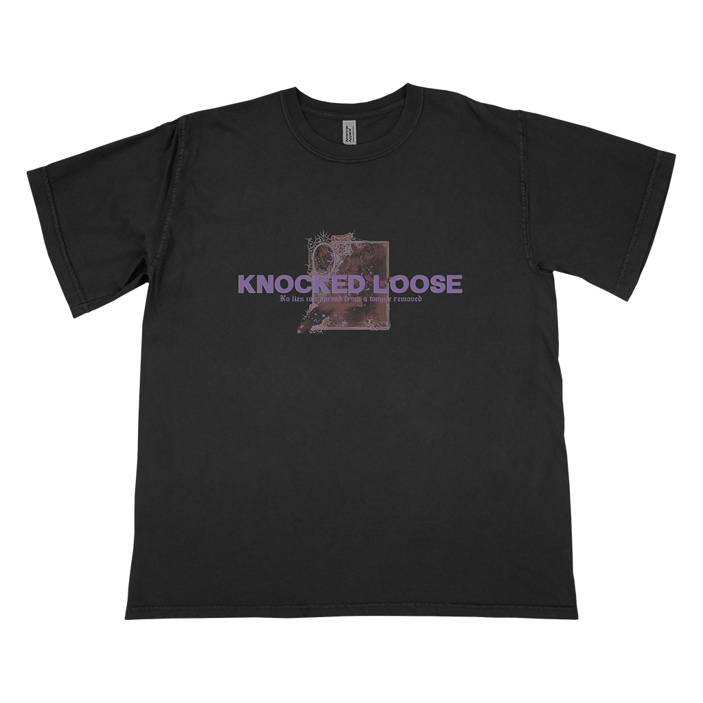 Knocked Loose's "Tongue Removed" design, printed on the front and back of a black American Apparel/Alstyle tee.